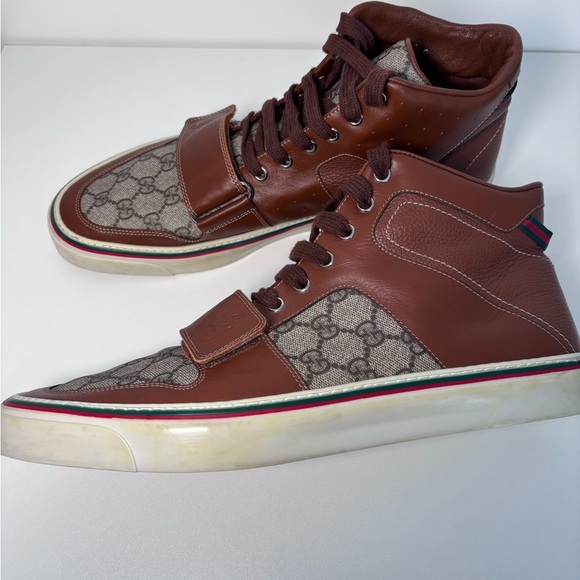 GUCCI Monogram Canvas Web GG Brown Leather High Top Men’s Sneaker Strap Size 12 - Picture 13 of 17